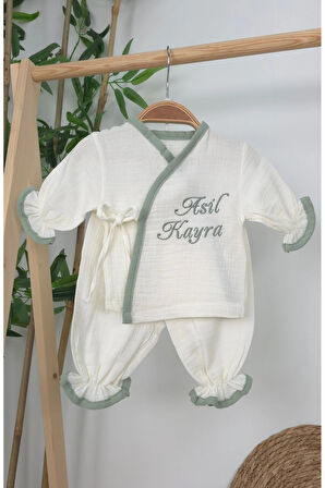 Müslin Yeni Doğan 4Katlı Organik %100Pamuk Kişiye Özgü Nakışlı Hastane Çıkış Seti (Yeşil Biyeli-1)