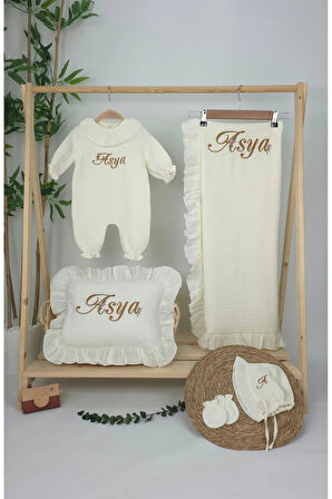 Müslin Yeni Doğan 4Katlı Organik %100Pamuk Kişiye Özgü Nakışlı Hastane Çıkış Seti(Papatya Model-4)