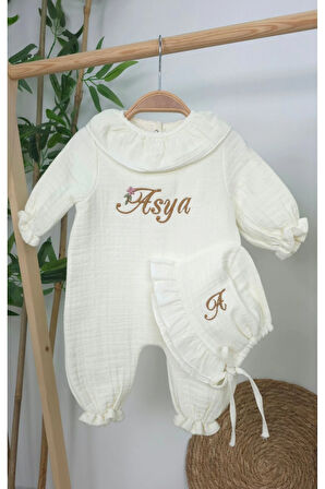 Müslin Yeni Doğan 4Katlı Organik %100Pamuk Kişiye Özgü Nakışlı Hastane Çıkış Seti(Papatya Model-4)