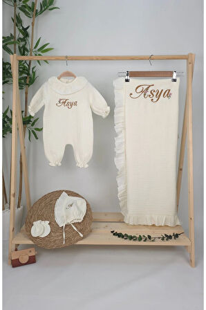Müslin Yeni Doğan 4Katlı Organik %100Pamuk Kişiye Özgü Nakışlı Hastane Çıkış Seti(Papatya Model-4)