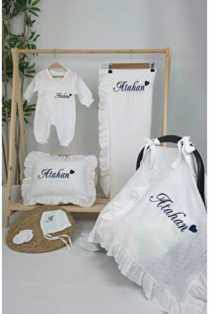 Müslin Yeni Doğan 2Katlı Organik %100Pamuk Kişiye Özgü Nakışlı Hastane Çıkış Seti (Kalpli Model-2)