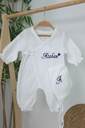 Müslin Yeni Doğan 2Katlı Organik %100Pamuk Kişiye Özgü Nakışlı Hastane Çıkış Seti (Kalpli Model-2)