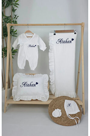 Müslin Yeni Doğan 2Katlı Organik %100Pamuk Kişiye Özgü Nakışlı Hastane Çıkış Seti (Kalpli Model-2)