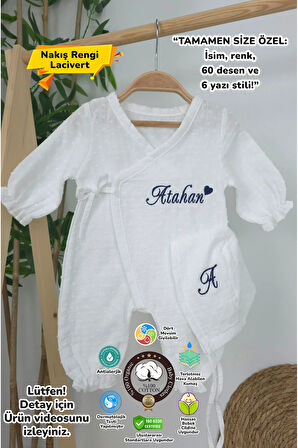 Müslin Yeni Doğan 2Katlı Organik %100Pamuk Kişiye Özgü Nakışlı Hastane Çıkış Seti (Kalpli Model-2)