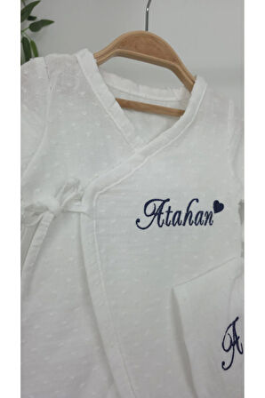 Müslin Yeni Doğan 2Katlı Organik %100Pamuk Kişiye Özgü Nakışlı Hastane Çıkış Seti (Kalpli Model-2)