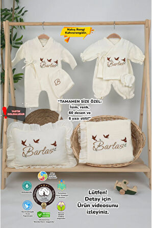 Müslin Yeni Doğan 4Katlı Organik %100Pamuk Kişiye Özgü Nakışlı Hastane Çıkış Seti(3'lü Kelebk Model)