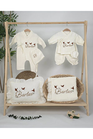 Müslin Yeni Doğan 4Katlı Organik %100Pamuk Kişiye Özgü Nakışlı Hastane Çıkış Seti(3'lü Kelebk Model)