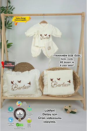 Müslin Yeni Doğan 4Katlı Organik %100Pamuk Kişiye Özgü Nakışlı Hastane Çıkış Seti(3'lü Kelebk Model)