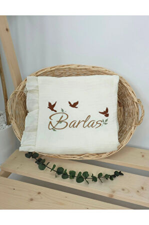 Müslin Yeni Doğan 4Katlı Organik %100Pamuk Kişiye Özgü Nakışlı Hastane Çıkış Seti(3'lü Kelebk Model)