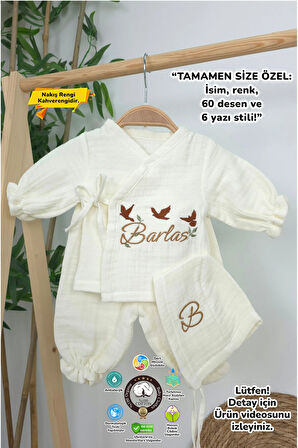 Müslin Yeni Doğan 4Katlı Organik %100Pamuk Kişiye Özgü Nakışlı Hastane Çıkış Seti(3'lü Kelebk Model)