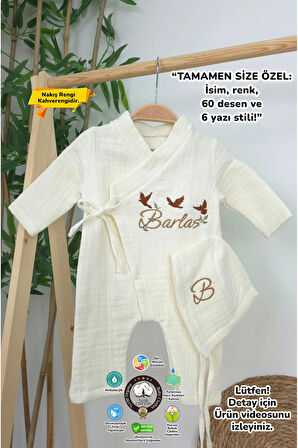 Müslin Yeni Doğan 4Katlı Organik %100Pamuk Kişiye Özgü Nakışlı Hastane Çıkış Seti(3'lü Kelebk Model)