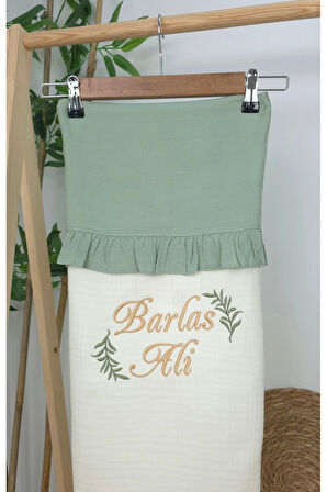 Müslin Yeni Doğan 4Katlı Organik %100Pamuk Kişiye Özgü Nakışlı Hastane Çıkış Seti (İki Dal Model-1)