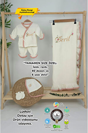 Müslin Yeni Doğan 4Katlı Organik %100Pamuk Kişiye Özgü Nakışlı Hastane Çıkış Seti (Pudra Biyeli-1)