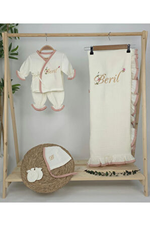 Müslin Yeni Doğan 4Katlı Organik %100Pamuk Kişiye Özgü Nakışlı Hastane Çıkış Seti (Pudra Biyeli-1)