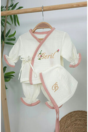 Müslin Yeni Doğan 4Katlı Organik %100Pamuk Kişiye Özgü Nakışlı Hastane Çıkış Seti (Pudra Biyeli-1)