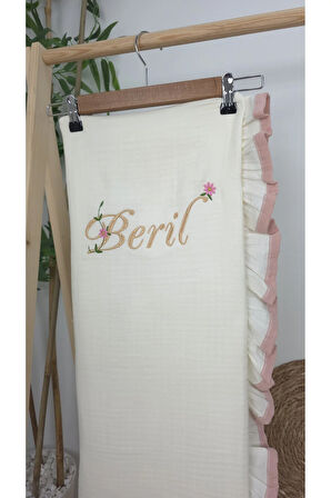 Müslin Yeni Doğan 4Katlı Organik %100Pamuk Kişiye Özgü Nakışlı Hastane Çıkış Seti (Pudra Biyeli-1)