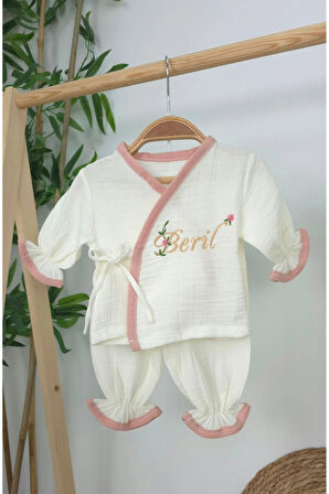 Müslin Yeni Doğan 4Katlı Organik %100Pamuk Kişiye Özgü Nakışlı Hastane Çıkış Seti (Pudra Biyeli-1)