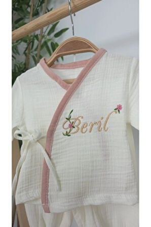 Müslin Yeni Doğan 4Katlı Organik %100Pamuk Kişiye Özgü Nakışlı Hastane Çıkış Seti (Pudra Biyeli-1)