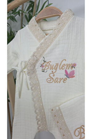 Müslin Yeni Doğan 4Katlı Organik %100Pamuk Kişiye Özgü Nakışlı Hastane Çıkış Seti(Kelebekli Papatya)