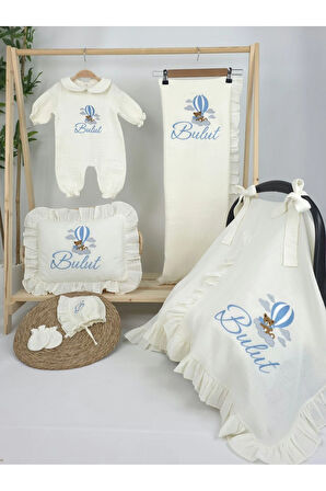 Müslin Yeni Doğan 4Katlı Organik %100Pamuk Kişiye Özgü Nakışlı Hastane Çıkış Seti (Ayıcık Model-3)
