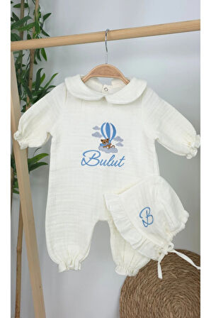 Müslin Yeni Doğan 4Katlı Organik %100Pamuk Kişiye Özgü Nakışlı Hastane Çıkış Seti (Ayıcık Model-3)