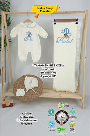 Müslin Yeni Doğan 4Katlı Organik %100Pamuk Kişiye Özgü Nakışlı Hastane Çıkış Seti (Ayıcık Model-3)
