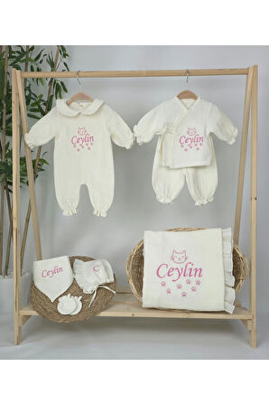 Müslin Yeni Doğan 4Katlı Organik %100Pamuk Kişiye Özgü Nakışlı Hastane Çıkış Seti (Kedi Patisi)