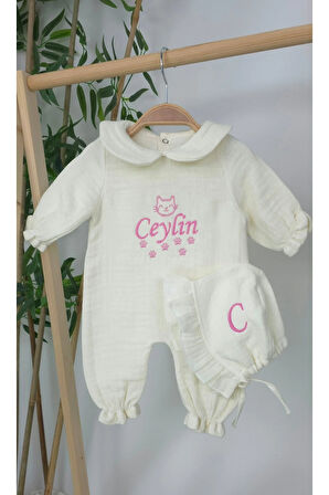 Müslin Yeni Doğan 4Katlı Organik %100Pamuk Kişiye Özgü Nakışlı Hastane Çıkış Seti (Kedi Patisi)