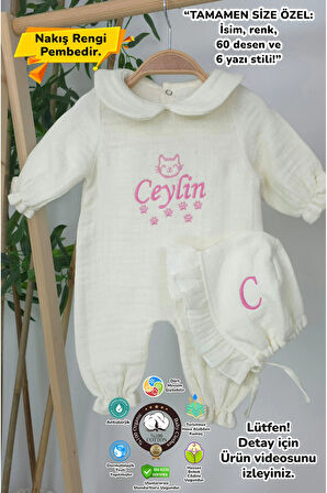 Müslin Yeni Doğan 4Katlı Organik %100Pamuk Kişiye Özgü Nakışlı Hastane Çıkış Seti (Kedi Patisi)