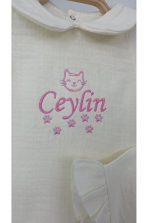 Müslin Yeni Doğan 4Katlı Organik %100Pamuk Kişiye Özgü Nakışlı Hastane Çıkış Seti (Kedi Patisi)