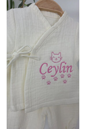 Müslin Yeni Doğan 4Katlı Organik %100Pamuk Kişiye Özgü Nakışlı Hastane Çıkış Seti (Kedi Patisi)