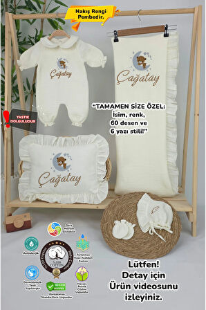 Müslin Yeni Doğan 4Katlı Organik %100Pamuk Kişiye Özgü Nakışlı Hastane Çıkış Seti (Ayıcık Model 4)