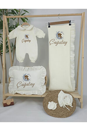 Müslin Yeni Doğan 4Katlı Organik %100Pamuk Kişiye Özgü Nakışlı Hastane Çıkış Seti (Ayıcık Model 4)
