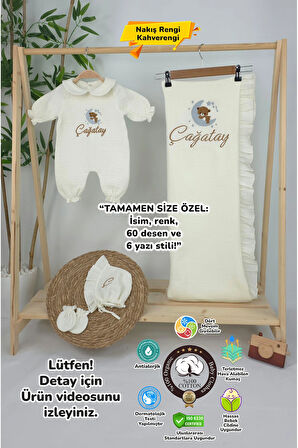 Müslin Yeni Doğan 4Katlı Organik %100Pamuk Kişiye Özgü Nakışlı Hastane Çıkış Seti (Ayıcık Model 4)