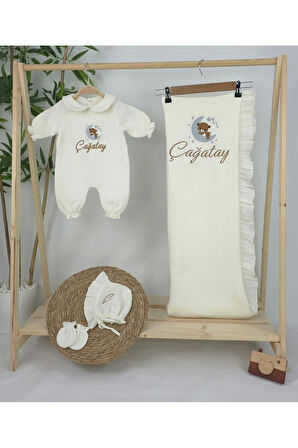 Müslin Yeni Doğan 4Katlı Organik %100Pamuk Kişiye Özgü Nakışlı Hastane Çıkış Seti (Ayıcık Model 4)
