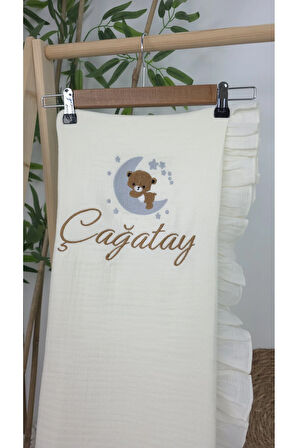 Müslin Yeni Doğan 4Katlı Organik %100Pamuk Kişiye Özgü Nakışlı Hastane Çıkış Seti (Ayıcık Model 4)