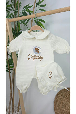 Müslin Yeni Doğan 4Katlı Organik %100Pamuk Kişiye Özgü Nakışlı Hastane Çıkış Seti (Ayıcık Model 4)