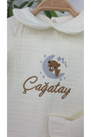 Müslin Yeni Doğan 4Katlı Organik %100Pamuk Kişiye Özgü Nakışlı Hastane Çıkış Seti (Ayıcık Model 4)