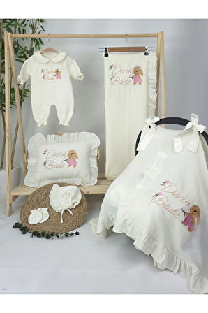 Müslin Yeni Doğan 4Katlı Organik %100Pamuk Kişiye Özgü Nakışlı Hastane Çıkış Seti(Tavşan Model-3)