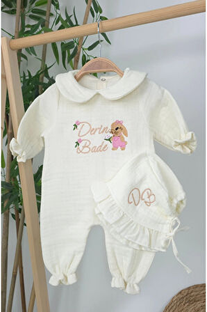 Müslin Yeni Doğan 4Katlı Organik %100Pamuk Kişiye Özgü Nakışlı Hastane Çıkış Seti(Tavşan Model-3)