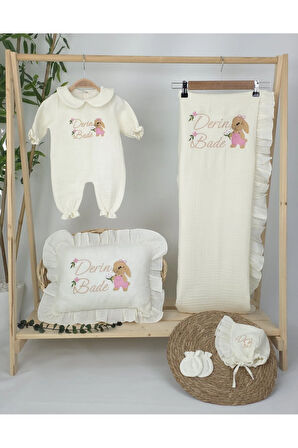 Müslin Yeni Doğan 4Katlı Organik %100Pamuk Kişiye Özgü Nakışlı Hastane Çıkış Seti(Tavşan Model-3)