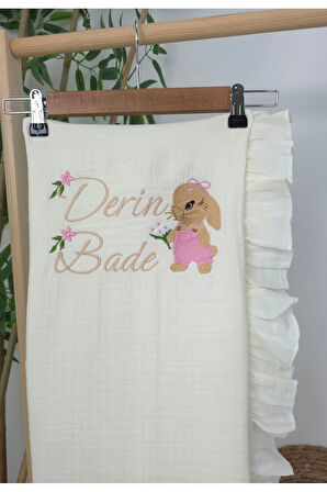 Müslin Yeni Doğan 4Katlı Organik %100Pamuk Kişiye Özgü Nakışlı Hastane Çıkış Seti(Tavşan Model-3)