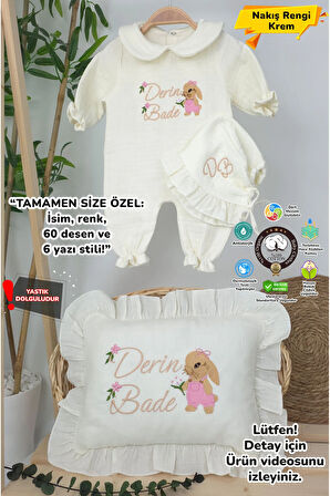 Müslin Yeni Doğan 4Katlı Organik %100Pamuk Kişiye Özgü Nakışlı Hastane Çıkış Seti(Tavşan Model-3)