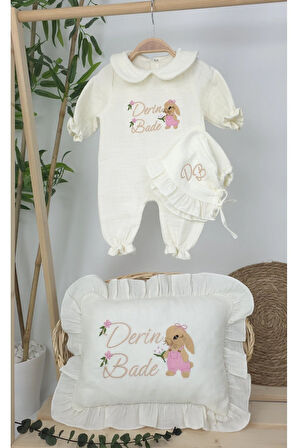 Müslin Yeni Doğan 4Katlı Organik %100Pamuk Kişiye Özgü Nakışlı Hastane Çıkış Seti(Tavşan Model-3)
