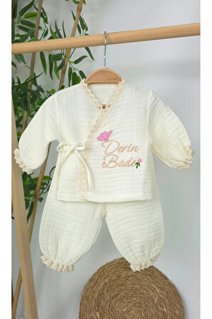 Müslin Yeni Doğan 4Katlı Organik %100Pamuk Kişiye Özgü Nakışlı Hastane Çıkış Seti(Tavşan Model-3)