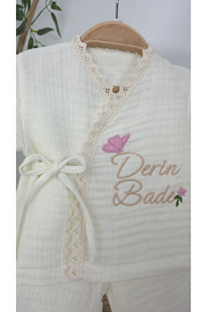 Müslin Yeni Doğan 4Katlı Organik %100Pamuk Kişiye Özgü Nakışlı Hastane Çıkış Seti(Tavşan Model-3)