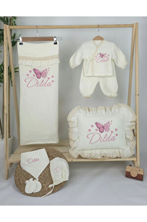 Müslin Yeni Doğan 4Katlı Organik %100Pamuk Kişiye Özgü Nakışlı Hastane Çıkış Seti (Çoklu Kelebek-3)