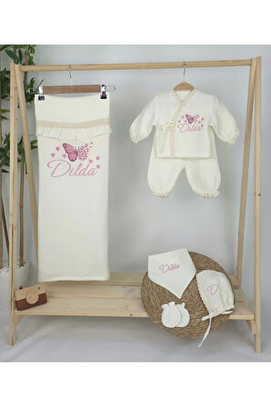 Müslin Yeni Doğan 4Katlı Organik %100Pamuk Kişiye Özgü Nakışlı Hastane Çıkış Seti (Çoklu Kelebek-3)