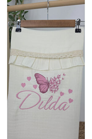 Müslin Yeni Doğan 4Katlı Organik %100Pamuk Kişiye Özgü Nakışlı Hastane Çıkış Seti (Çoklu Kelebek-3)