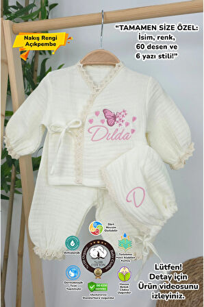 Müslin Yeni Doğan 4Katlı Organik %100Pamuk Kişiye Özgü Nakışlı Hastane Çıkış Seti (Çoklu Kelebek-3)